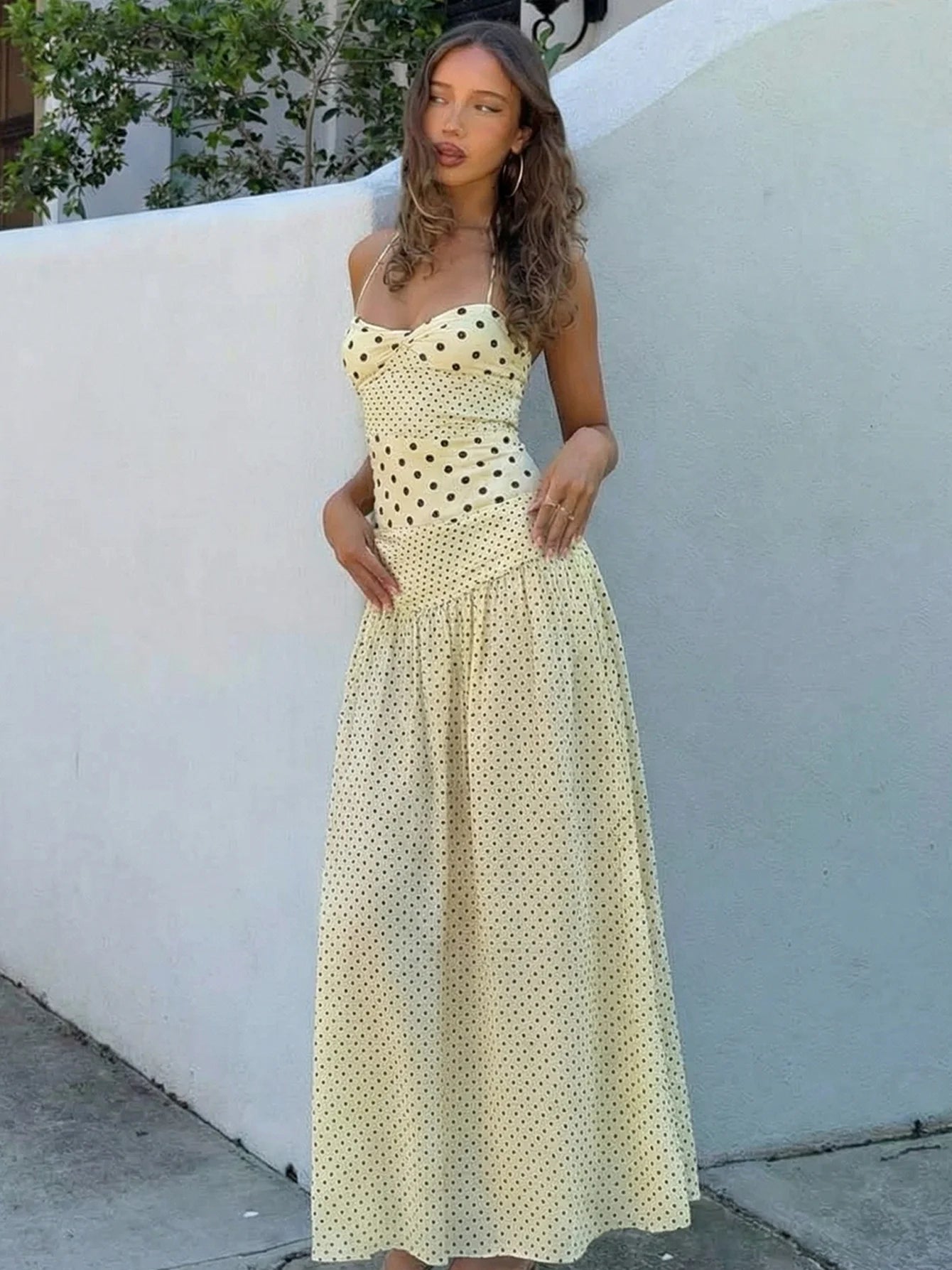Dulzura Summer Fashion Backless Lace Up Polka Dot Slim Slip Long Dress Women'S Sexy Elegant Dress Birthday Party Vacation Outfit