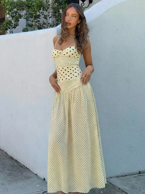 Dulzura Summer Fashion Backless Lace Up Polka Dot Slim Slip Long Dress Women'S Sexy Elegant Dress Birthday Party Vacation Outfit