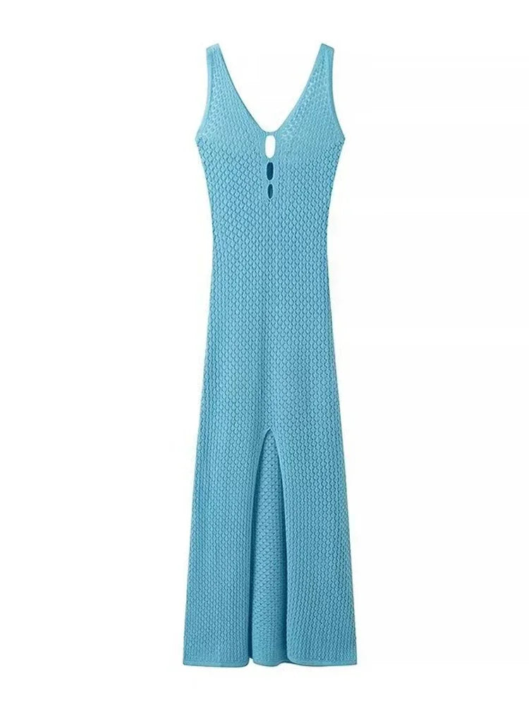 Sexy Deep V-neck Cut Out Halter 2026 Summer Women Knit Back Tie Up Slit Bodycon Beach Maxi Dress Swimsuit Swimwear Coverup A3027
