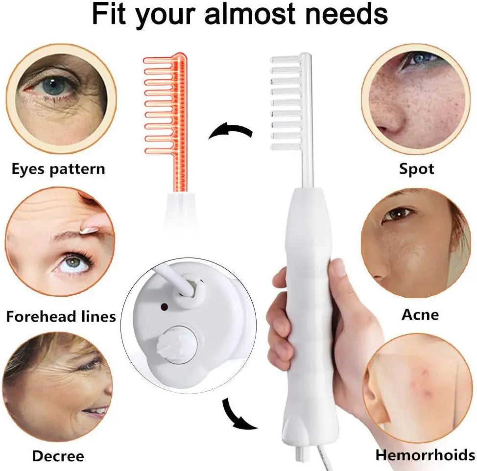 High Frequency Facial Wand Device with Comb Electrodes for Acne Treatment Skin Tightening Hair Growth Scalp Therapy Home Use