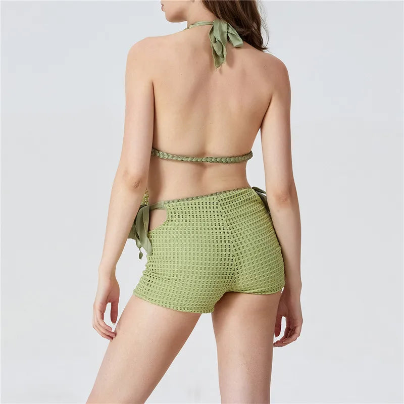 Chic Women Knitted Outfit Sets Summer Beach Halter Neck Tie-up Front Sleeveless Tank Tops Low Rise Mini Shorts 2 Pcs Set