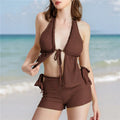 Chic Women Knitted Outfit Sets Summer Beach Halter Neck Tie-up Front Sleeveless Tank Tops Low Rise Mini Shorts 2 Pcs Set