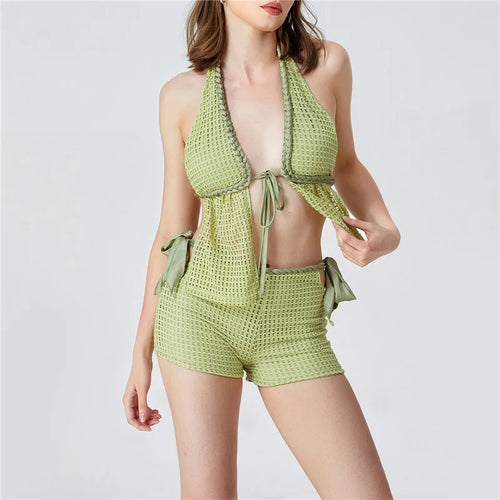 Chic Women Knitted Outfit Sets Summer Beach Halter Neck Tie-up Front Sleeveless Tank Tops Low Rise Mini Shorts 2 Pcs Set