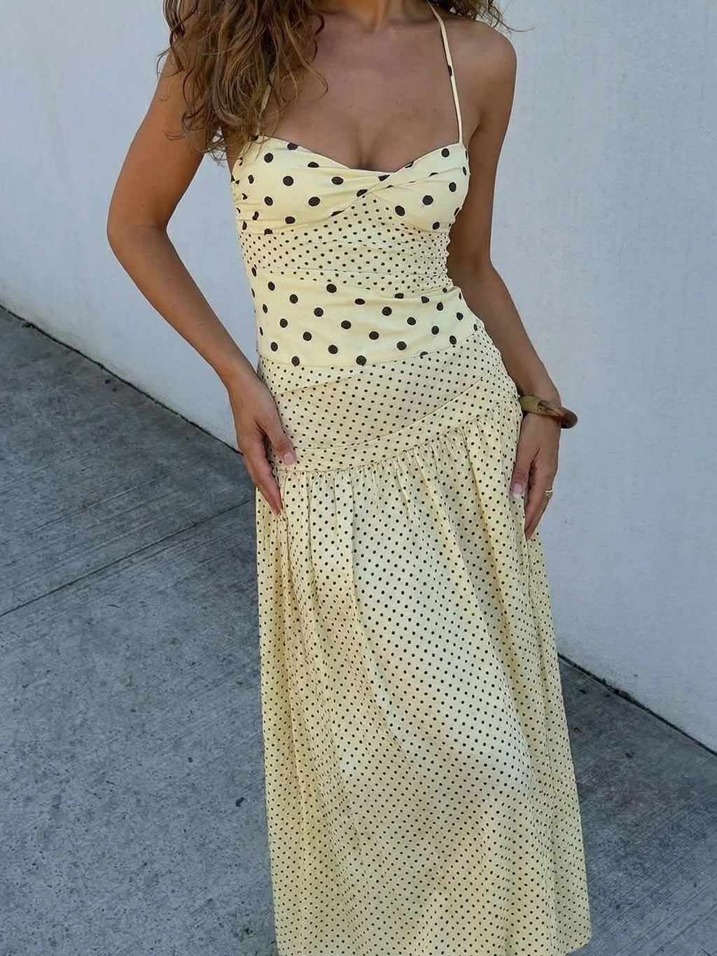 Dulzura Summer Fashion Backless Lace Up Polka Dot Slim Slip Long Dress Women'S Sexy Elegant Dress Birthday Party Vacation Outfit